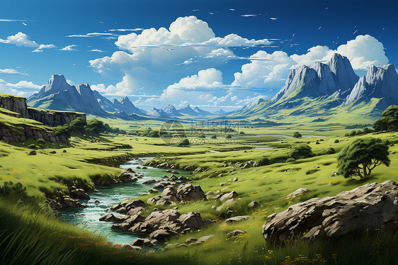 蓝天下的草原奇景图片