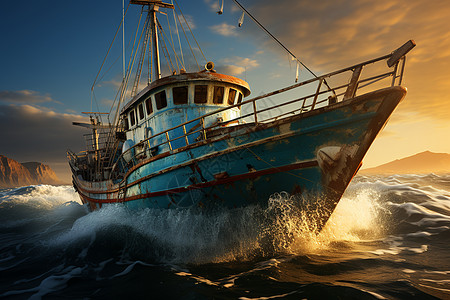 夕阳映照下渔船出海图片