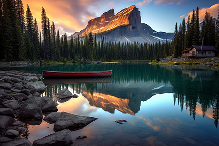 红色独木舟映衬着连绵山峦背景图片