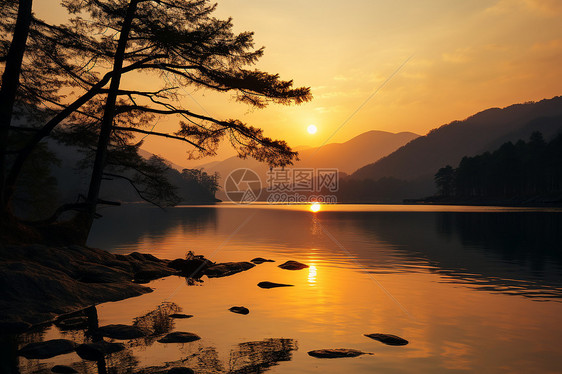 夕阳映照下的湖泊美景图片