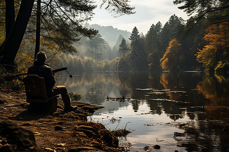 湖畔钓鱼的宁静图片