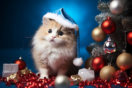 圣诞树旁戴圣诞帽的可爱猫咪图片