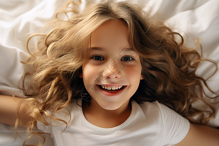 小女孩在床上微笑着背景图片
