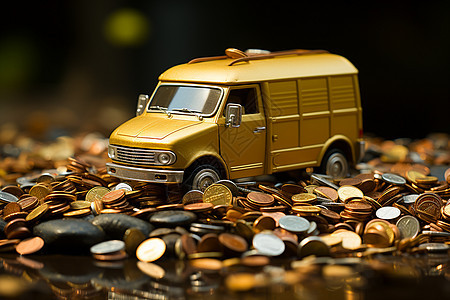 桌子上的金币和汽车背景图片