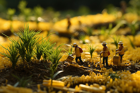 小人物在金黄稻田中玩耍背景图片