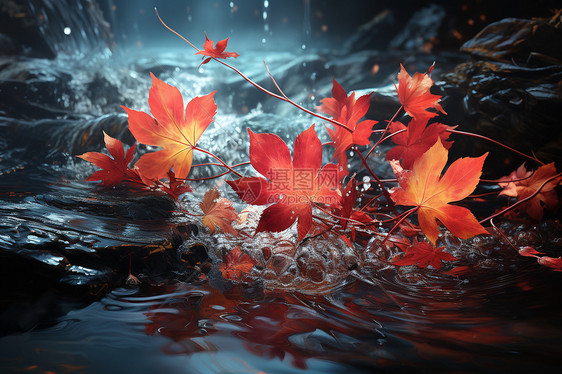 红叶浮动的自然美景图片