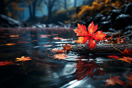 一片落叶一片红枫叶在水面上优雅地飘动背景