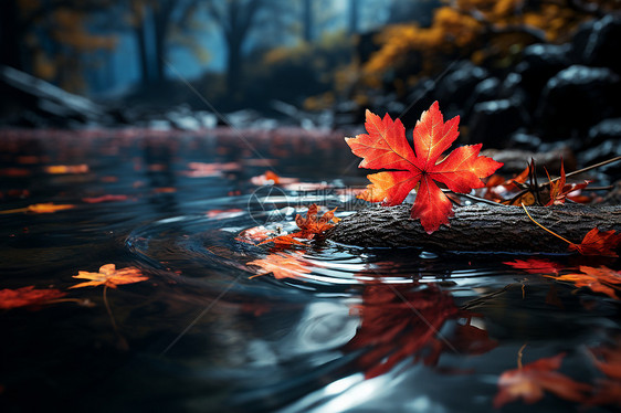 一片红枫叶在水面上优雅地飘动图片