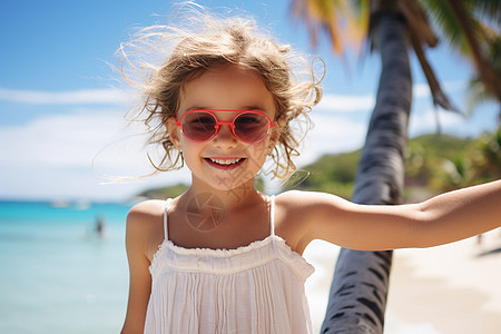 海边的小女孩戴着墨镜图片
