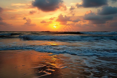 夕阳海滩夕阳之下水天一色背景