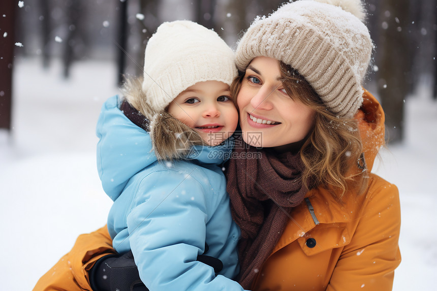 雪地上的母子图片