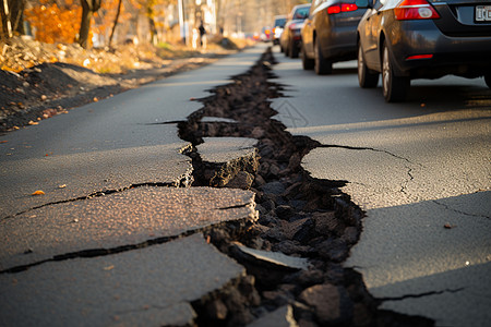 道路破裂下的交通危险图片