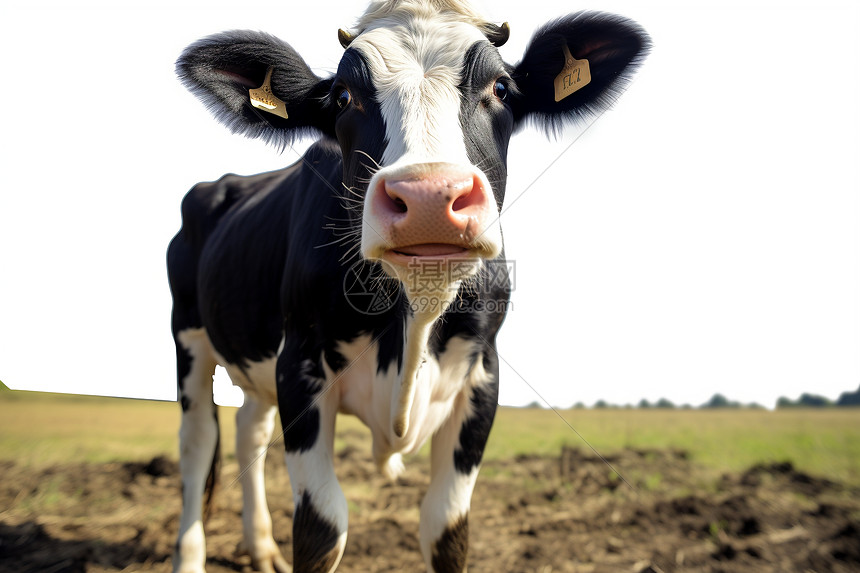 黑白奶牛立在一块土地和草地上图片