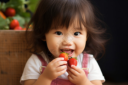 小女孩欢乐享用草莓图片