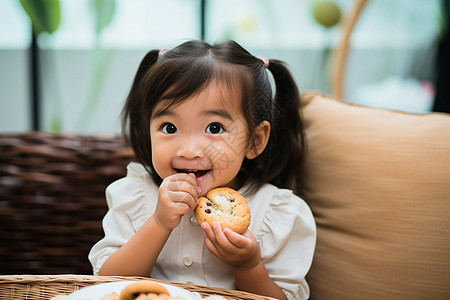 一个小女孩在沙发上吃甜甜圈图片