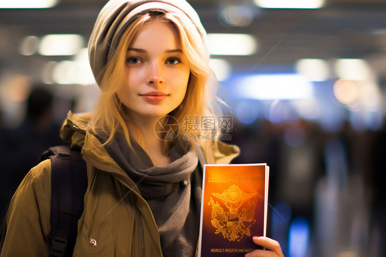 女子在机场休息室里拿着护照图片
