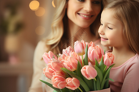 女孩拿着鲜花祝妈妈母亲节快乐图片