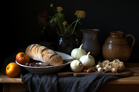 桌上的面包和大蒜图片