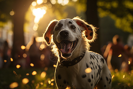 太阳下草坪上的斑点狗图片