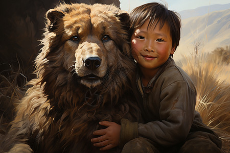 熊和孩子的插画图片