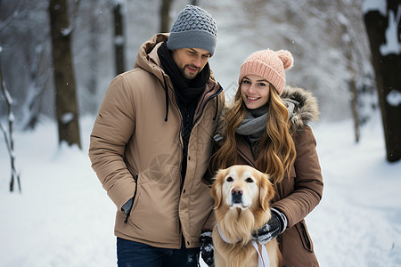 冬日的情侣和宠物狗图片