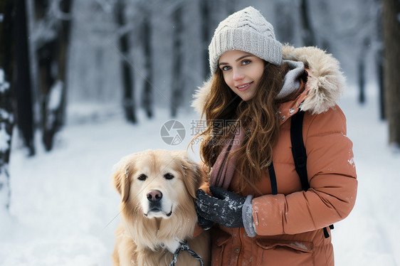 冬日美女带着宠物狗图片