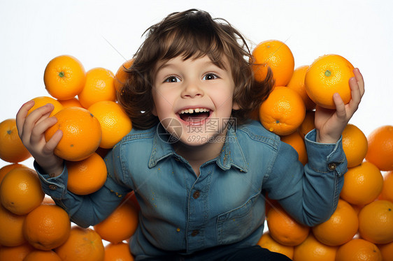 快乐的小男孩与橙子分享图片