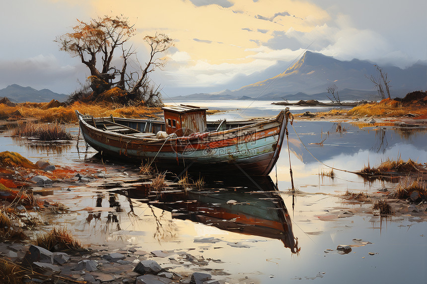 河边渔船的油画作品图片