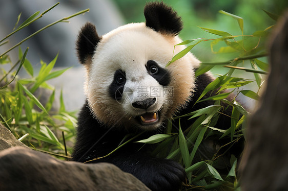 动物园里的熊猫在竹林中享受美食图片