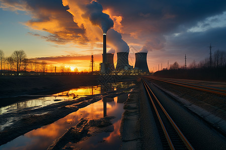 日出时的煤电厂图片
