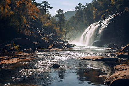 瀑布流经山石的美丽风景图片