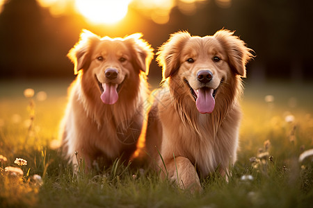 两只狗狗在草地上坐着图片