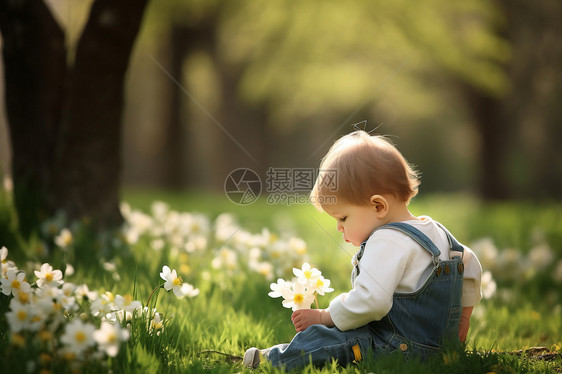 春天孩子坐在草地上图片