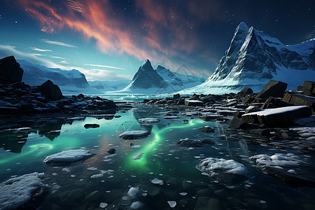 北极冰川上的极光图片