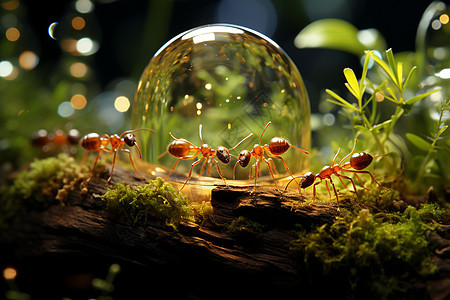 玻璃球与蕨类植物的微观图片