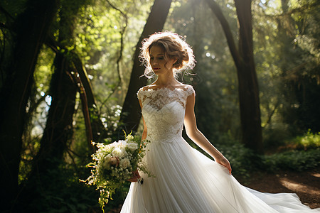 树林中拍婚纱照的新娘图片