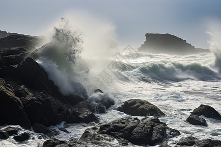 海浪冲击岸边岩石背景图片