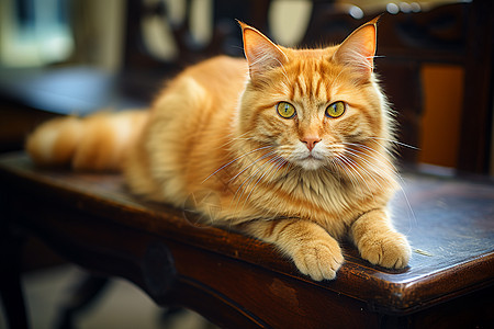 猫神坐在木桌上图片
