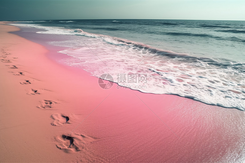 美丽粉色海滩上的脚印图片