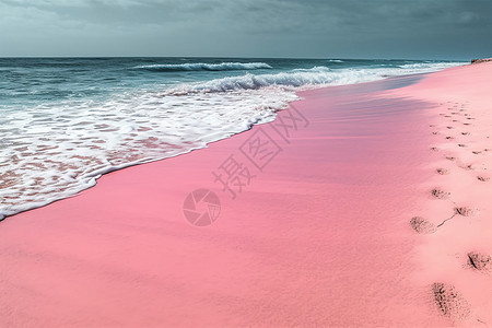 粉色海滩上的脚印图片
