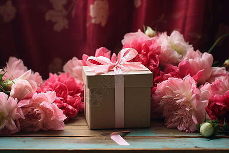 礼物盒和粉色花朵背景图片