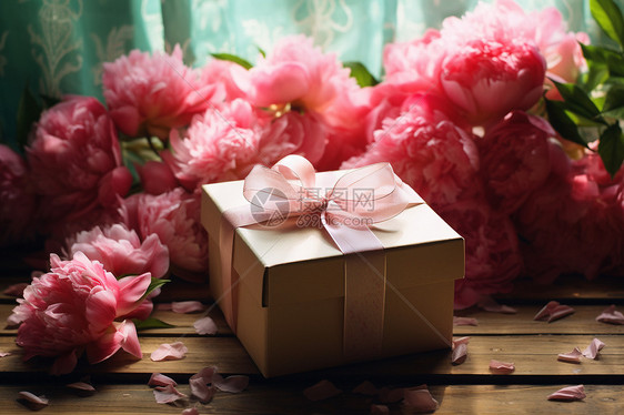 粉色花束与礼盒图片