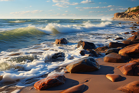 海浪拍打在岩石上图片