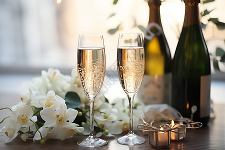 两杯香槟和烛光鲜花图片