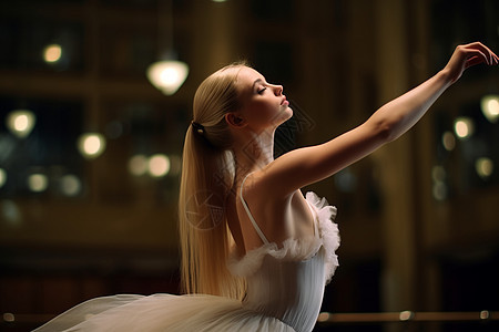 芭蕾舞演员舞动双臂天籁之声：阿拉贝斯克的优雅舞者背景图片