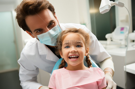 牙科医生帮助小女孩检查图片