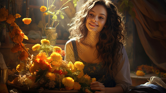 女孩和鲜花背景图片