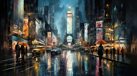 雨天出租车城市的雨夜插画