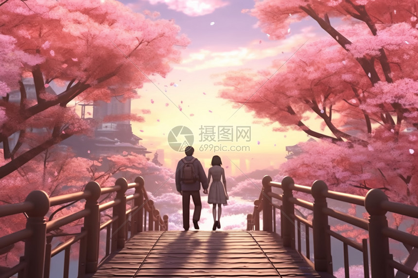 桥上的浪漫步行插画图片下载-正版图片600535045-摄图网