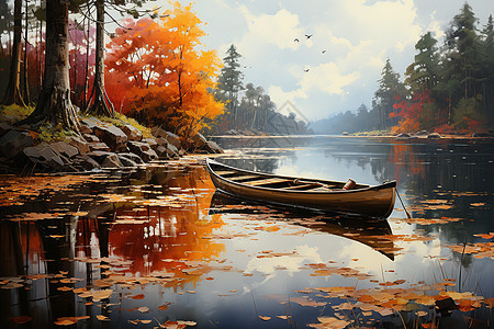 秋季湖畔的渔船图片
